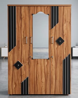 3 Door Bero with Mirror (Walnut, Black Stripe Design)