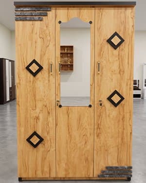3 Door Bero with Mirror (Light Wood, Diamond Design)